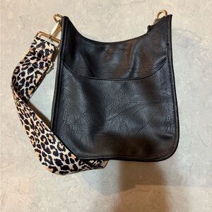 Black Leather Shoulder Bag with Leopard Strap